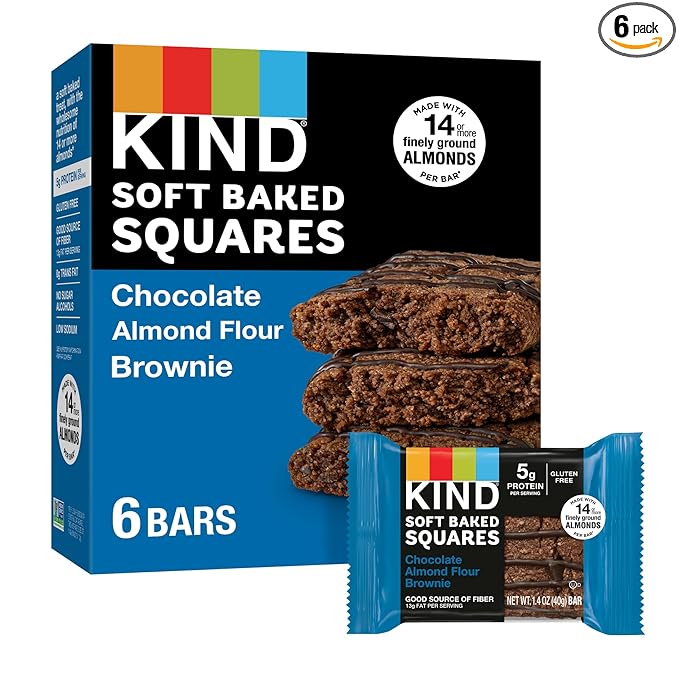 KIND Soft Baked Squares, Chocolate Almond Flour Brownies, Healthy Snacks, Good Source of Fiber, Gluten Free, 5g Protein, 6 Count