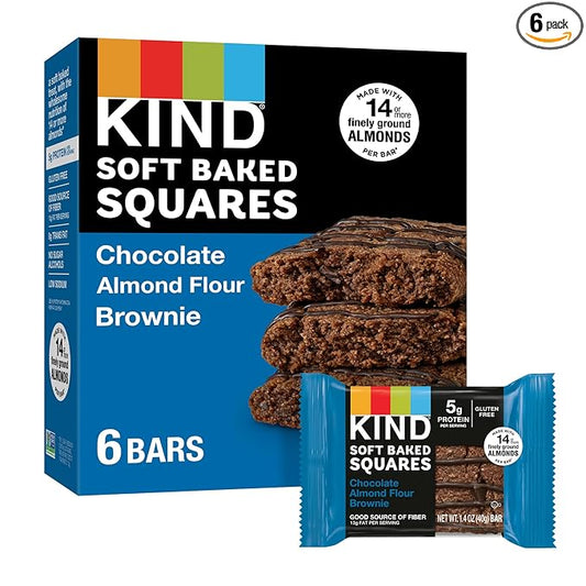 KIND Soft Baked Squares, Chocolate Almond Flour Brownies, Healthy Snacks, Good Source of Fiber, Gluten Free, 5g Protein, 6 Count
