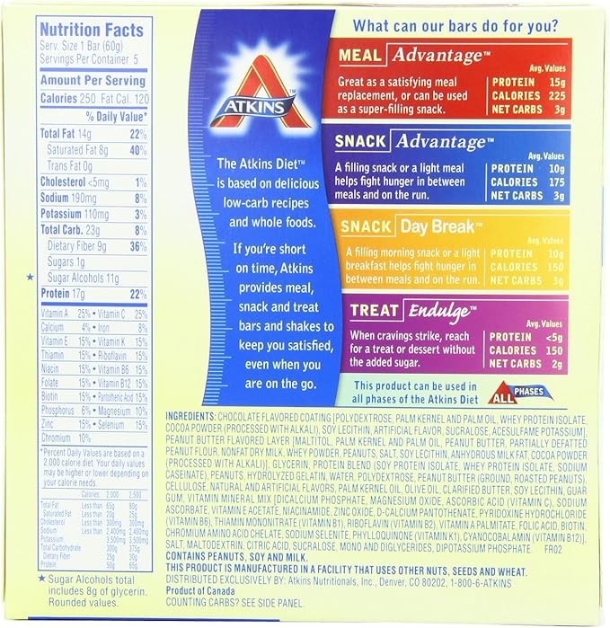 Atkins Advantage Bars, Chocolate Peanut Butter, 2.1-Ounce Bars 5 count, (Pack of 2)