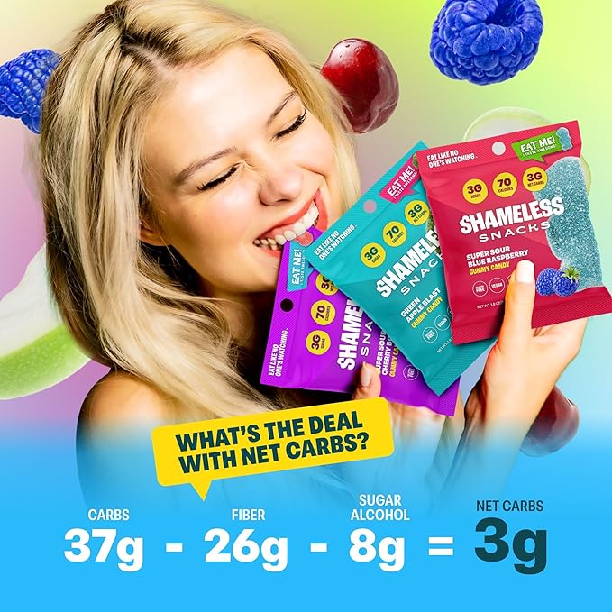 Shameless Snacks Sour Flavors Bundle Healthy Low Carb Keto Gummies Cherry Bomb, Blue Raspberry and Green Apple