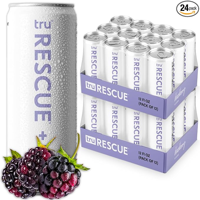 Tru Rescue Seltzer, Blackberry Flavored Sparkling Water Made with Real Fruit Juice - Hydration Detox Drink plus Electrolytes - Caffeine Free, Kosher, GF, No Added Sugar Beverages, 12oz (Pack of 24)