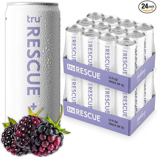 Tru Rescue Seltzer, Blackberry Flavored Sparkling Water Made with Real Fruit Juice - Hydration Detox Drink plus Electrolytes - Caffeine Free, Kosher, GF, No Added Sugar Beverages, 12oz (Pack of 24)
