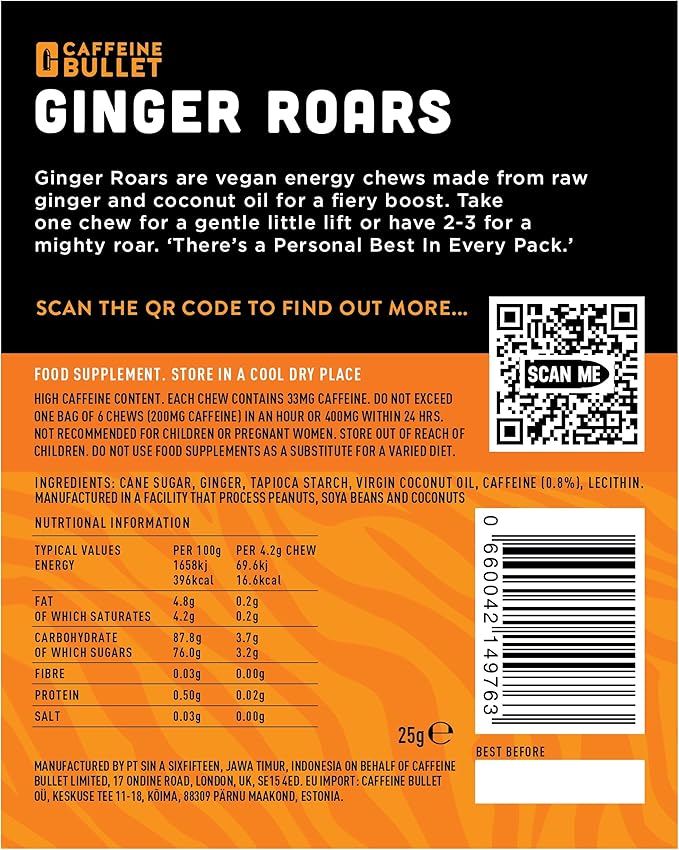 Ginger Roars - Caffeine Chews - 36 Servings Each 33mg with a Delicious Natural Flavour & Fiery hint. Plant Based Energy Shots, a Vegan Healthy Snack for Adults.