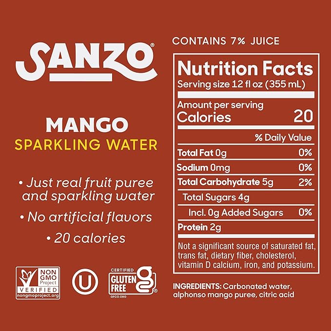 Sanzo Flavored Sparkling Water - Mango (Alphonso), 12-Pack - Carbonated Drink Made with Real Fruit & Sugar-Free - Non-GMO, Gluten-Free & Vegan - 12 Fl Oz Cans - Radiant Orange, Sweeter & Less Fibrous