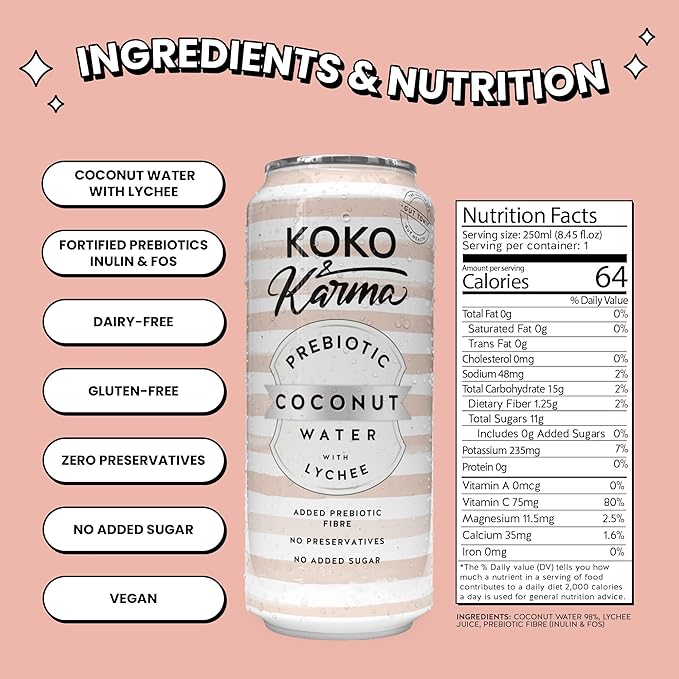 Koko & Karma – Prebiotic Coconut Water with Lychee – All Natural with No Added Sugars, Pure Coconut Water & Lychee Juice – 12 Pack - 16.9 Ounce Cans