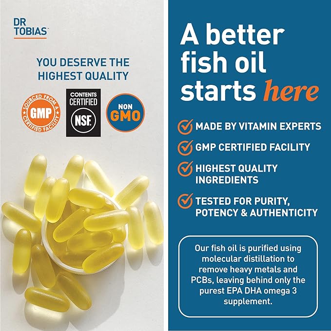 Dr. Tobias Omega 3 Fish Oil, 2000mg Triple 3 Supplement 800mg EPA 600mg DHA 3 Supplements 60 Softgels, 30 Servings