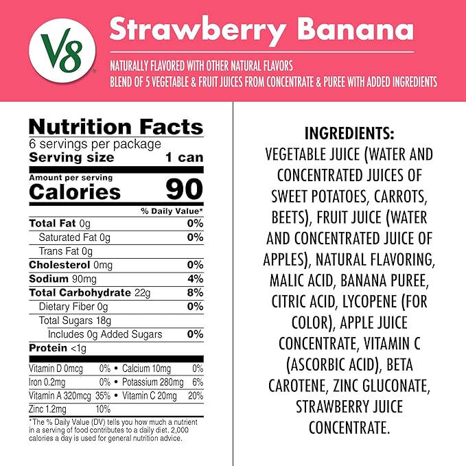 V8 Strawberry Banana 100% Fruit and Vegetable Juice, 8 fl oz Can (6 Pack) (Case of 4)