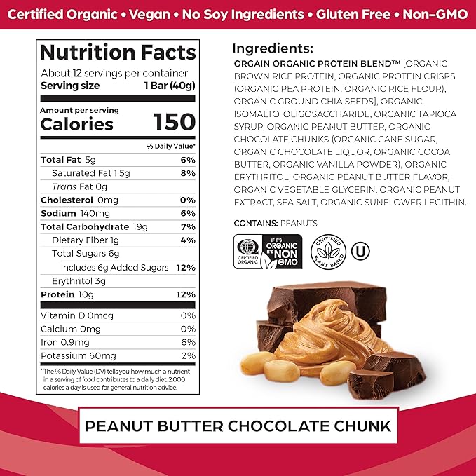 Orgain Organic Vegan Protein Bars, Peanut 10g Plant 1.41 Oz 12)