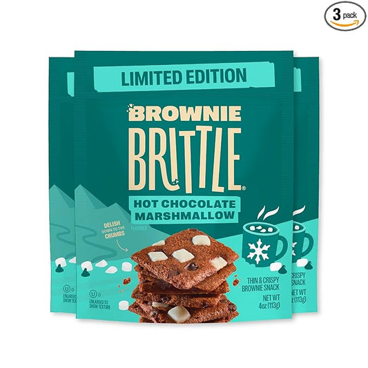 Brownie Brittle – Hot Chocolate Marshmallow Thin and Crispy Sweet Snacks (Pack of 3, 4 oz), Rich Gourmet Brownie Bites Dessert