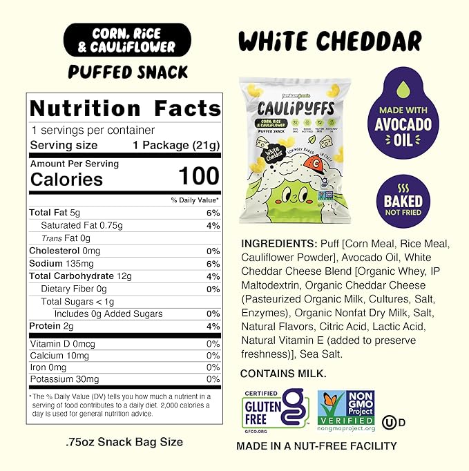 White Cheddar CauliPuffs - Corn, Rice, and Cauliflower Gluten Free Puffed Snack (Box of 15, 0.75oz bags)