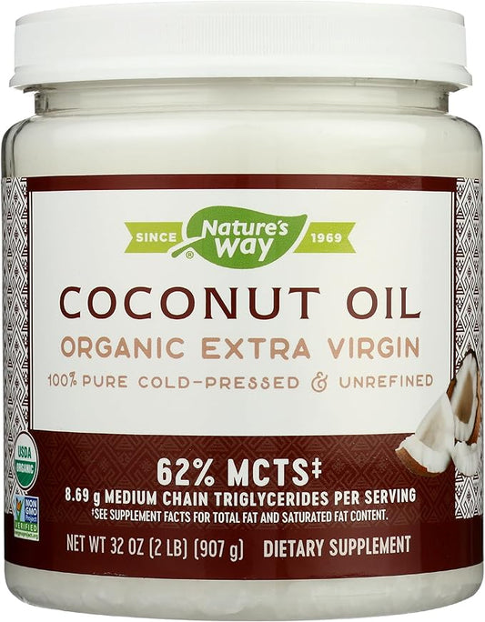 Nature's Way Organic Extra Virgin Coconut Oil, Pure Source of MCTs, Cold-Pressed, 32 Oz.
