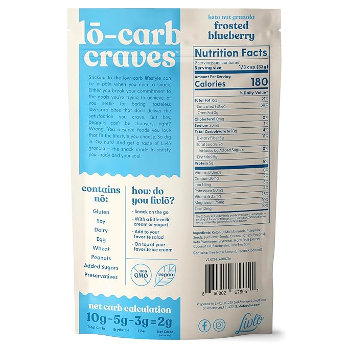 Livlo Keto Nut Granola Cereal - Only 2g Net Carb & Zero Added Sugar - Low Carb, Grain Free & Gluten Free Healthy Snack - Frosted Blueberry, 10.5 oz