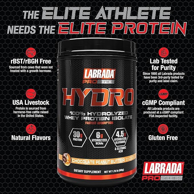LABRADA HYDRO 100% Pure Hydrolyzed Whey 6g BCAA’s, 4.5g Glutamine, 20 Servings