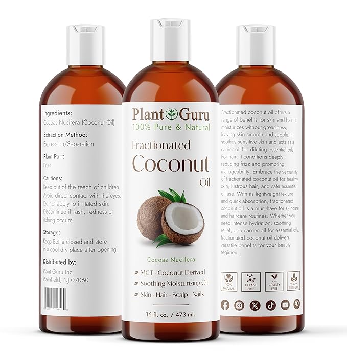 Plant Guru Fractionated Coconut Oil 16 fl. oz. 100% Pure MCT Natural Carrier - Skin, Face, Body, Massage and Hair Growth Moisturizer, Great for Diluting Aromatherapy Essential Oils