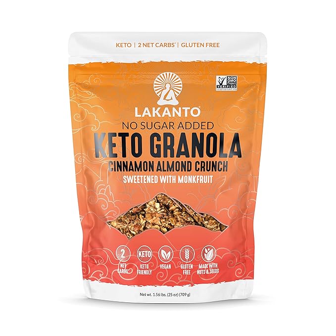 Lakanto Cinnamon Almond Crunch Granola - Monk Fruit Sweetener, Delicious Snack, Quick Breakfast Cereal, Keto Friendly, No Sugar Added, Vegan, Gluten Free, Grain Free, Low Net Carbs (25 Oz)