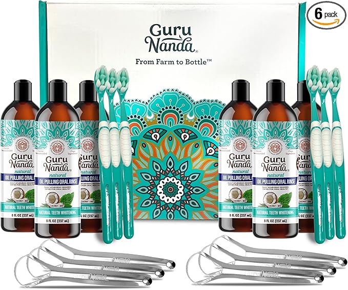 GuruNanda Coconut Oil Pulling, Fresh Breath 7 Essential (8 oz 6 Pack)