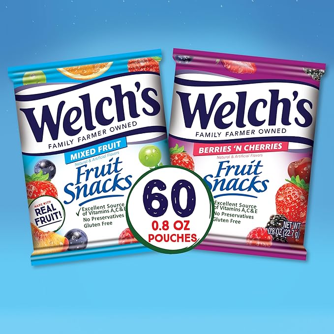 Welch's Fruit Snacks, Mixed Fruit & Berries 'N Cherries Variety Pack, Great for School Lunches, Bulk Pack, Individual Single Serve Bags, 0.8 oz (Pack of 60)