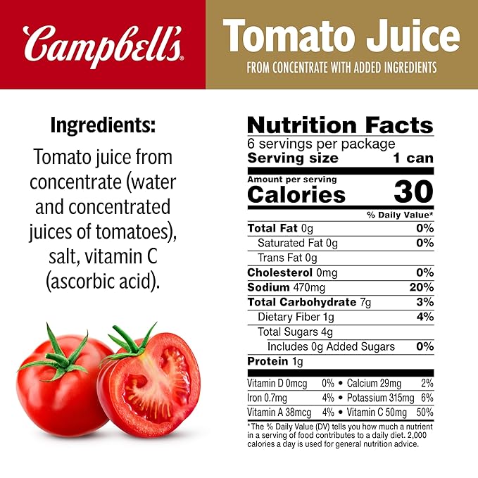 Campbell's 100% Tomato Juice, 5.5 fl oz Can (6 Pack)