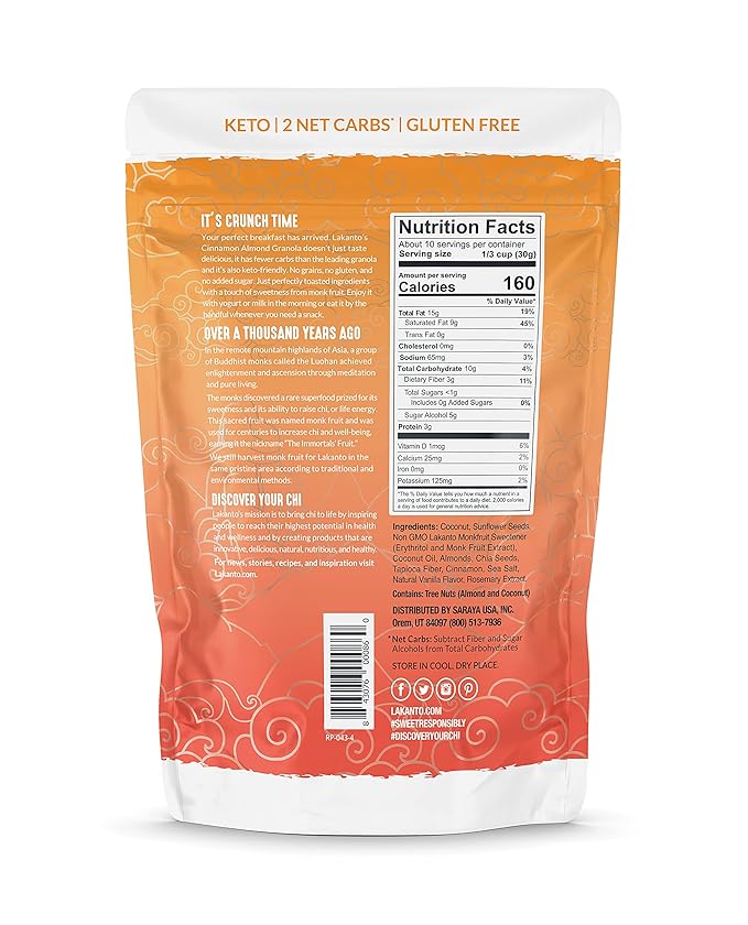 Lakanto Cinnamon Almond Crunch Granola - Monk Fruit Sweetener, Delicious Snack, Quick Breakfast Cereal, Keto Friendly, No Sugar Added, Vegan, Gluten Free, Grain Free, Low Net Carbs (25 Oz)