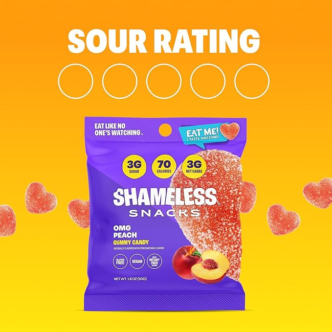 Shameless Snacks - Healthy Low Calorie Snacks, Low Carb Keto Gummies (Gluten Free) - 6 Pack OMG Peach
