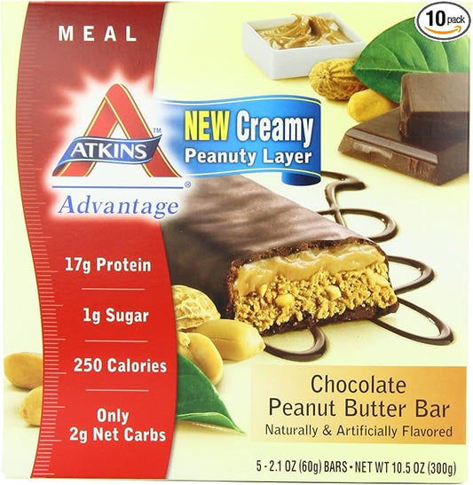 Atkins Advantage Bars, Chocolate Peanut Butter, 2.1-Ounce Bars 5 count, (Pack of 2)