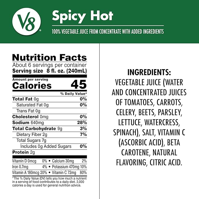 V8 Spicy Hot 100% Vegetable Juice, 46 fl oz Bottle (6 Pack)
