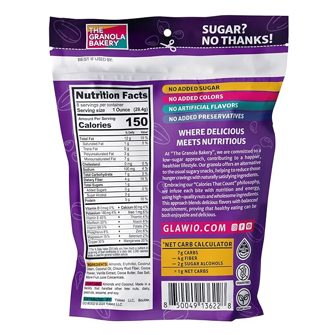 TGB Chocolate Almond Keto Nuts, 1g Net Carb, No Added Sugar, High Fiber, Gluten Free, Grain Free, Healthy Low Carb Snack, 8oz Resealable Cereal Bag