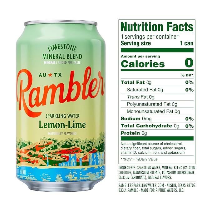 AUTX RAMBLER Lemon-Lime Sparkling Water, Limestone Mineral Blend, 12-Ounce Cans, Three 8-Packs (24 Cans)