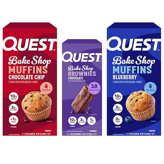 Quest Chocolate Chip Muffin, Blueberry Muffin and Brownie Bake Shop Bundle, Low Sugar, Low Net Carbs, Gluten Free