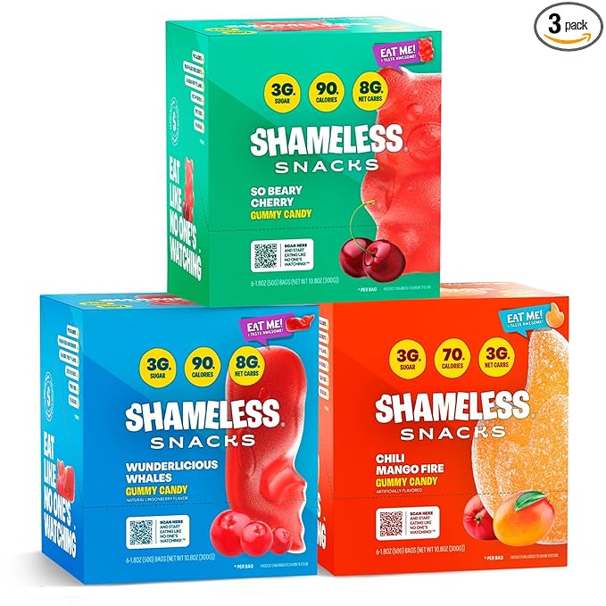 Shameless Snacks New Flavors Bundle Healthy Low Carb Keto Gummies Beary Cherry, Wunderlicious Whales and Chilli Mango