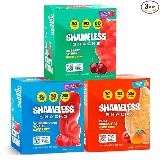 Shameless Snacks New Flavors Bundle Healthy Low Carb Keto Gummies Beary Cherry, Wunderlicious Whales and Chilli Mango