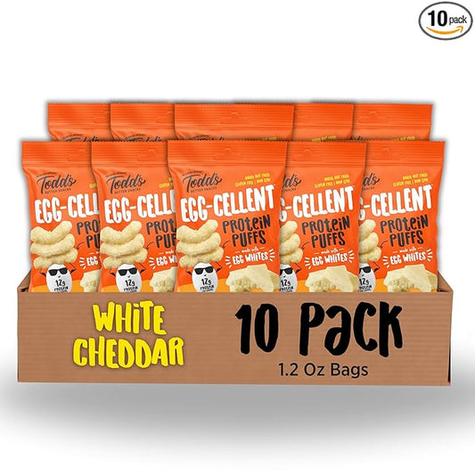 Todd's Better Snacks Egg-Cellent Protein Puffs, White Cheddar, 1.2 Oz (Pack of 10), Made with Egg Whites, 12g Protein, Gluten Free Healthy Snack