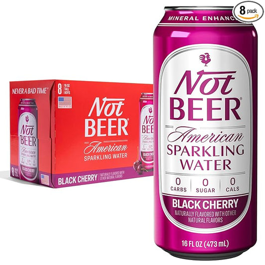 Not Beer American Sparkling Water, Black Cherry, 99.9% Pure, Mineral & Electrolyte Blend, Carbonated Water, Soda Water, Sparkling Water Cans, Made in America, 16 Oz Tallboy Cans, 8 Pack