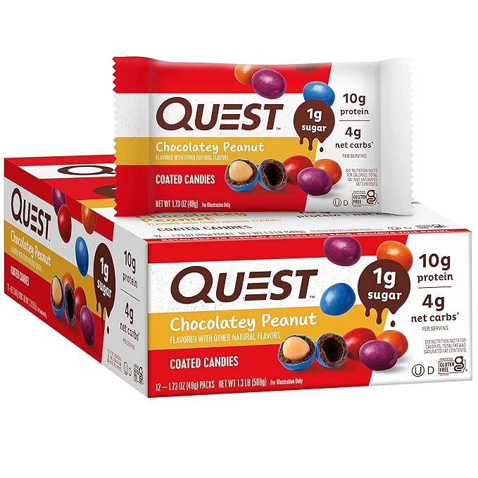 Quest Nutrition Coated Candies, Chocolatey Peanut, 1g Sugar, 10g Protein, 4g Net Carbs, Gluten Free, Keto Friendly, 12 Count