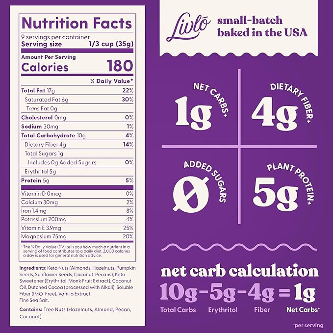 Livlo Keto Granola Cereal - 1g Net Carbs - Grain Free & Gluten Free Cereal - Low Carb Keto Snacks & Food - Ketogenic, Paleo & Diabetic Friendly - Chocolate Hazelnut, 11oz