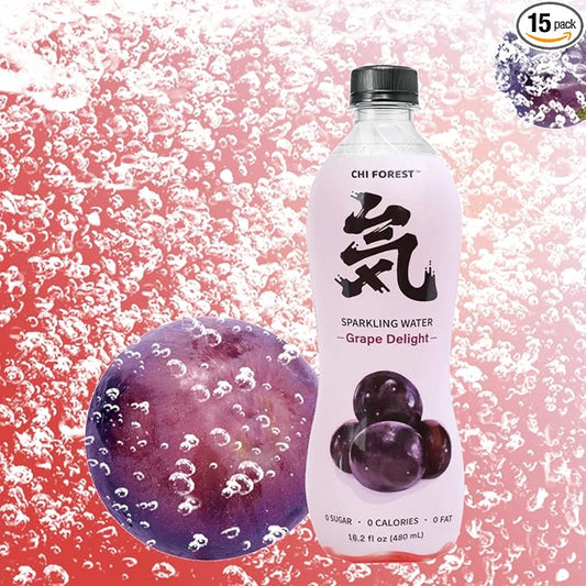 CHI FOREST Sparkling Water, Grape Delight Flavored Bubbly Sparling Water in Bottle, 0 Sugar and 0 Calories Carbonated Water, 16.2 Fl oz(480ml), Pack of 15