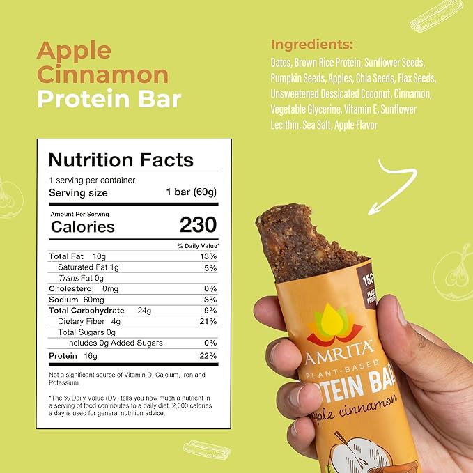 AMRITA Apple Cinnamon Vegan Protein Bars, 15g Plant