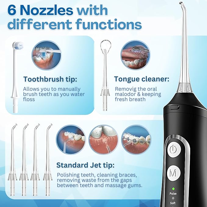 Dental Water Flosser Cordless, 310ML Electric 4 Cleaning 6 Replaceable IPX7 Waterproof (6 Tips)