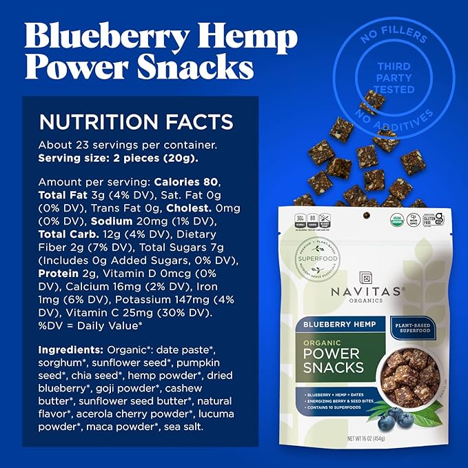Navitas Organics Superfood Power Snacks, Blueberry Hemp, 16 oz. Bag, 23 Servings — Organic, Non-GMO, Gluten-Free (Pack of 1)