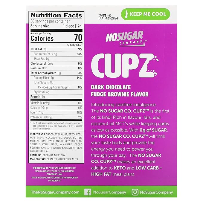 No Sugar Keto Cups, Dark Chocolate Fudge Brownie, 30 Cups - Diabetic safe treat, Low Net Carb (1g), Sugar Free (0g) Keto Fat Bomb Snacks with 7g Healthy Fat - Gluten Free, All Natural, Non-GMO