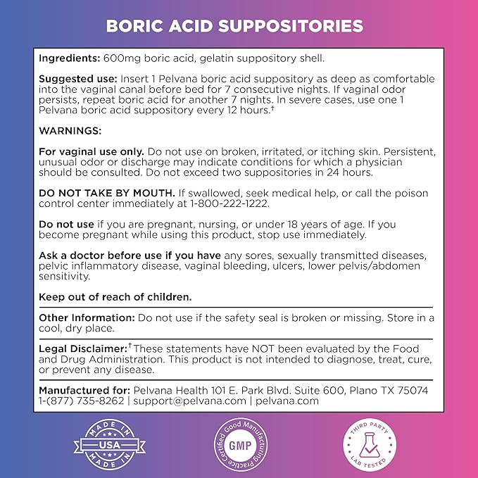 Pelvana Boric Acid Suppositories for Women 30 Count