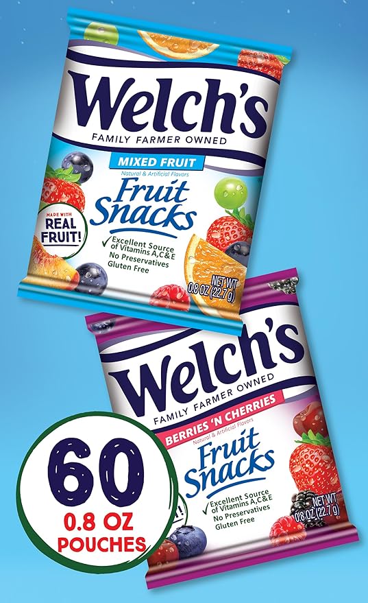 Welch's Fruit Snacks, Mixed Fruit & Berries 'N Cherries Variety Pack, Great for School Lunches, Bulk Pack, Individual Single Serve Bags, 0.8 oz (Pack of 60)