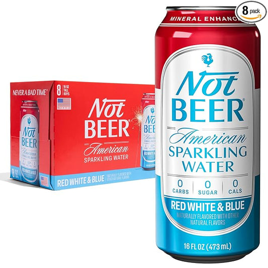Not Beer American Sparkling Water, Red White & Blue, 99.9% Pure, Mineral & Electrolyte Blend, Carbonated Soda Water, Made in America, 16 Oz Tallboy Cans, 8 Pack