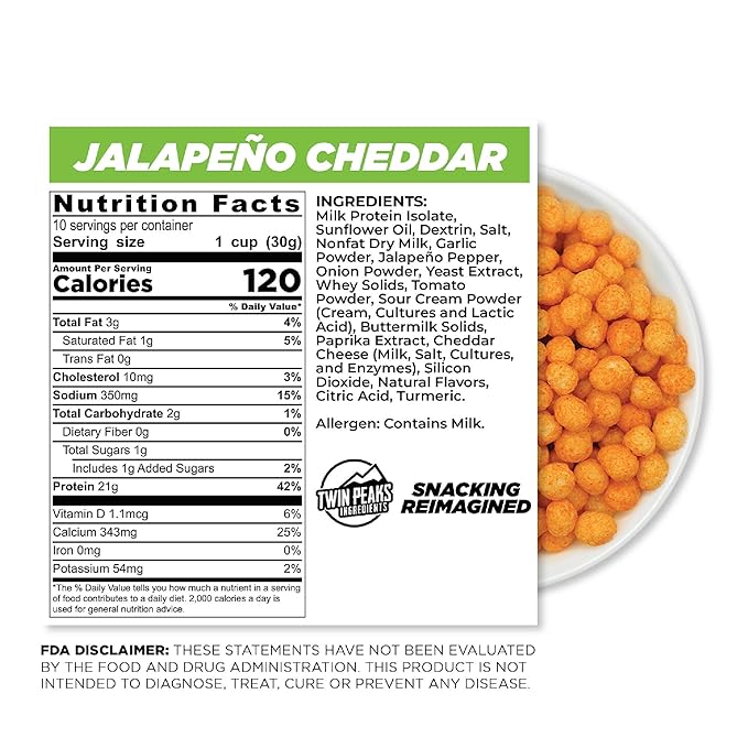 Twin Peaks Protein Puffs - (Jalapeno Cheddar), Keto Friendly, Low Carb Snack (300g, 21g Protein, 2g Net Carbs, High Protein, Healthy Crunchy Snack)