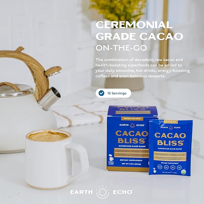 Earth Echo Cacao Bliss Travel-Sized Organic Superfood Powder with MCT Oil for Natural Energy, Reduced Cravings, and Boosted Mental Clarity, Dairy-Free, Gluten-Free, Keto-Friendly, 15 Servings