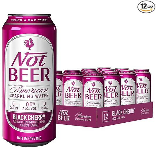 Not Beer American Sparkling Water, Black Cherry, 99.9% Pure, Mineral & Electrolyte Blend, Carbonated Water, Soda Water, Sparkling Water Cans, Made in America, 16 Oz Tallboy Cans, 12 Pack