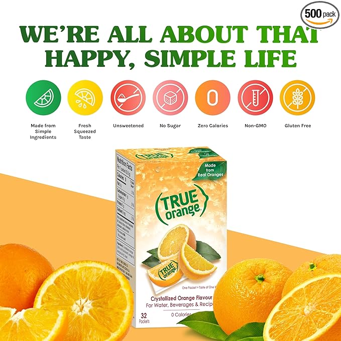 TRUE ORANGE Water Enhancer, Bulk Pack, Zero Calorie Flavoring, For Bottled Water, Iced Tea & Recipes, Flavor Packets Made with Real Oranges,500 Count (Pack of 1)- Packaging May Vary