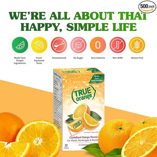 TRUE ORANGE Water Enhancer, Bulk Pack, Zero Calorie Flavoring, For Bottled Water, Iced Tea & Recipes, Flavor Packets Made with Real Oranges,500 Count (Pack of 1)- Packaging May Vary