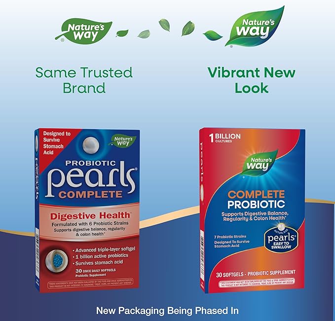 Nature's Way Complete Probiotic Pearls, Supports Digestive Balance*, 1 Billion Live Culture, Supplement for Men and Women, No Refrigeration Required, 30 Softgels (Packaging May Vary)