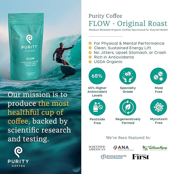 Purity Coffee FLOW Medium Roast Organic Coffee - USDA Certified Organic Specialty Grade Arabica Whole Bean Coffee - Third Party Tested for Mold, Mycotoxins and Pesticides - 12 oz Bag